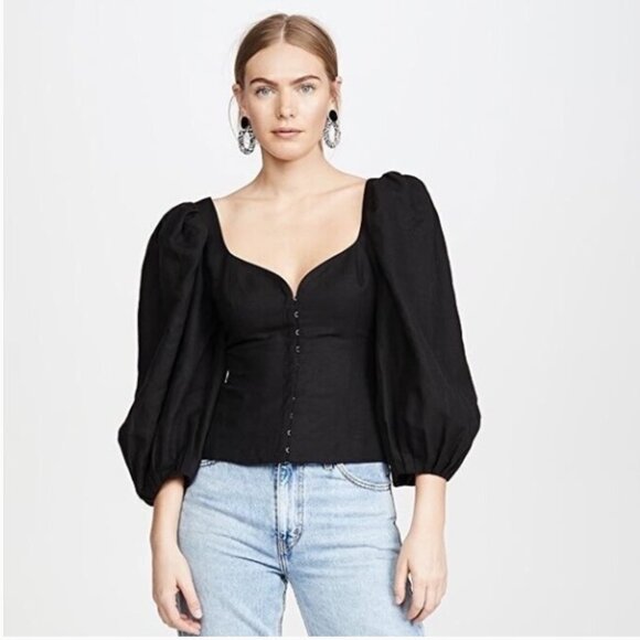 Mara Hoffman Linen-Blend Black Puff-Sleeve Eliana Corset Top size 10 - Picture 1 of 14
